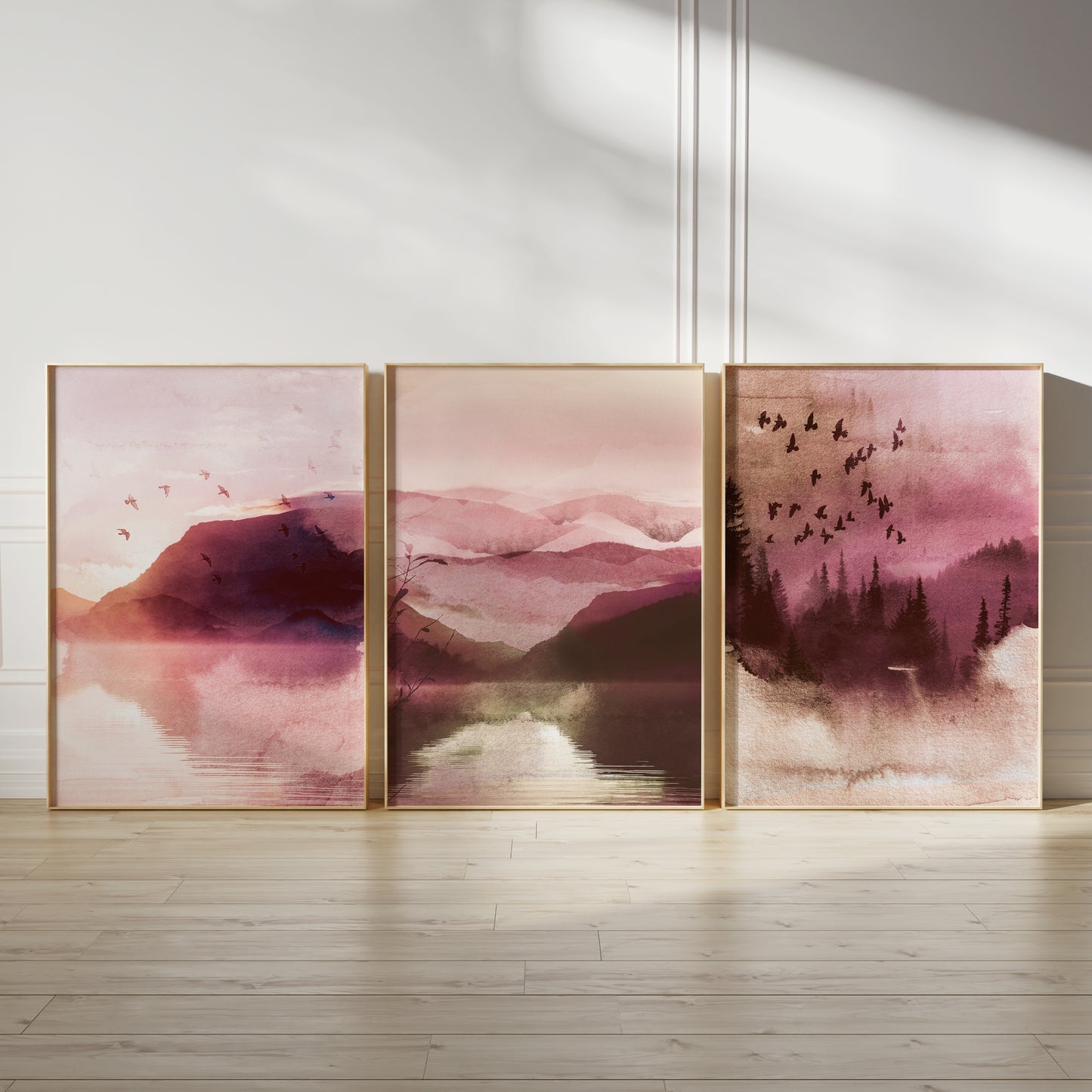 Set of 3 Pink Watercolour Landscape Wall Art Prints