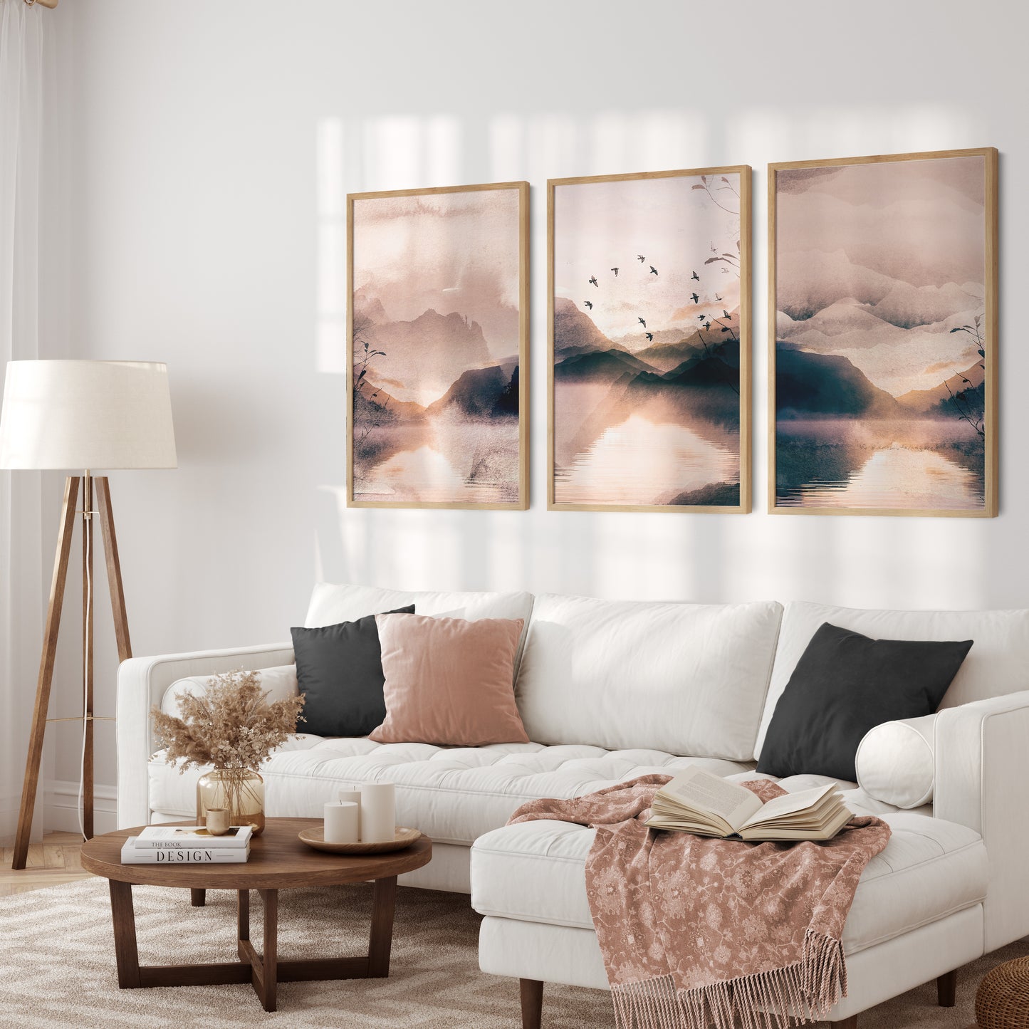 Set of 3 Peach Pink Watercolour Landscape Wall Prints
