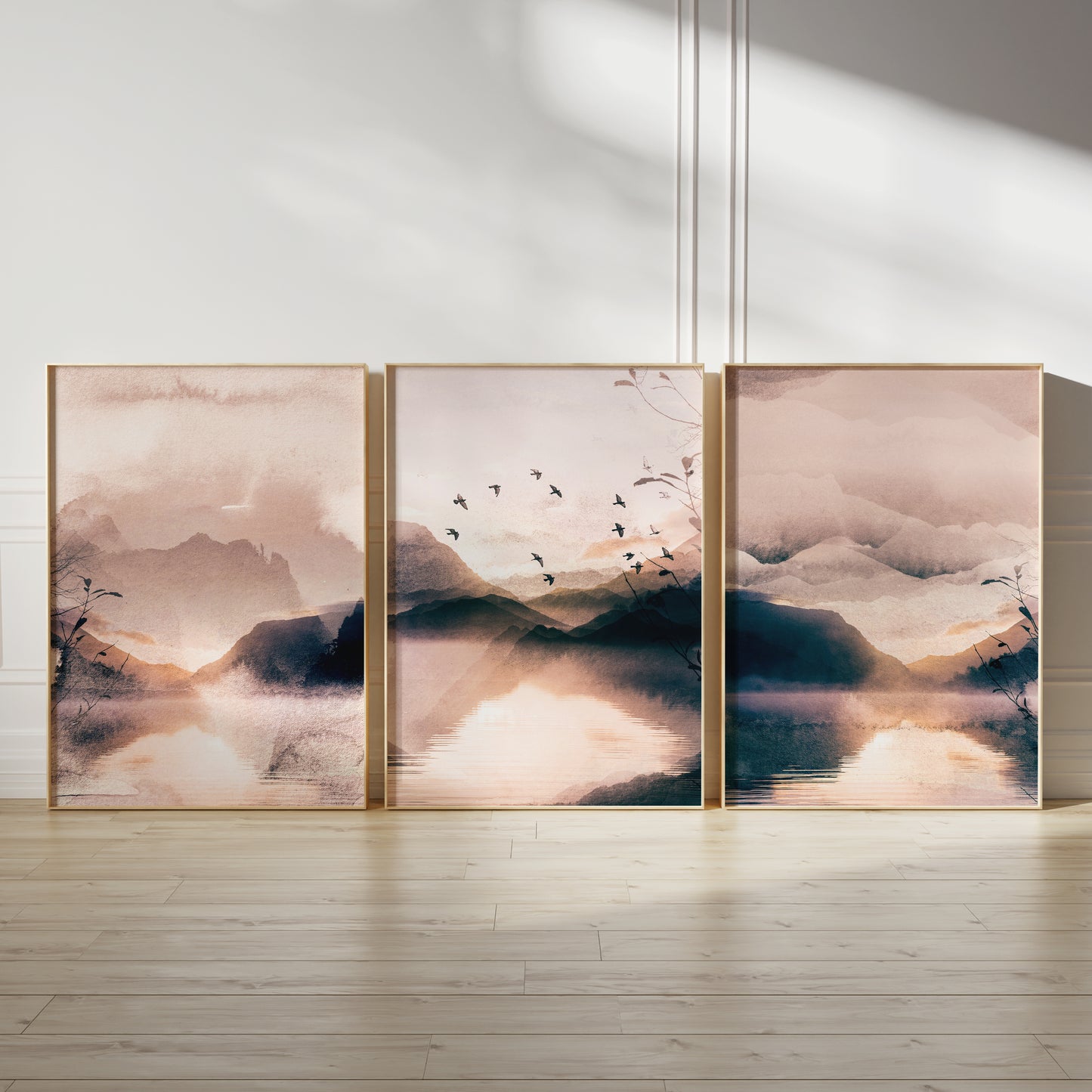 Set of 3 Peach Pink Watercolour Landscape Wall Prints