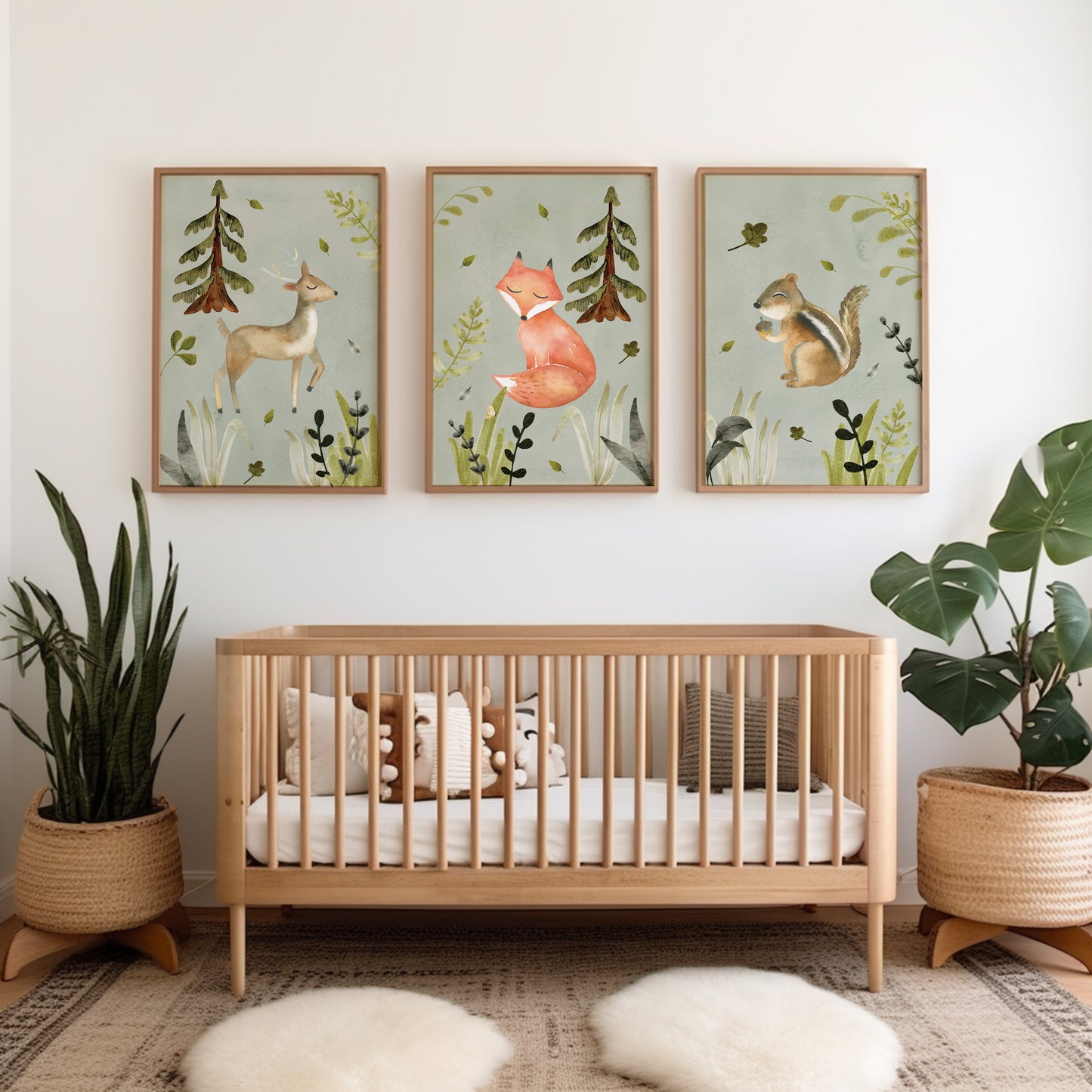 Set of 3 Green Woodland Nursery Wall Art Prints