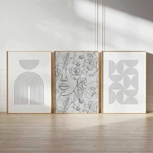 Set of 3 Grey Boho Abstract Wall Art Prints