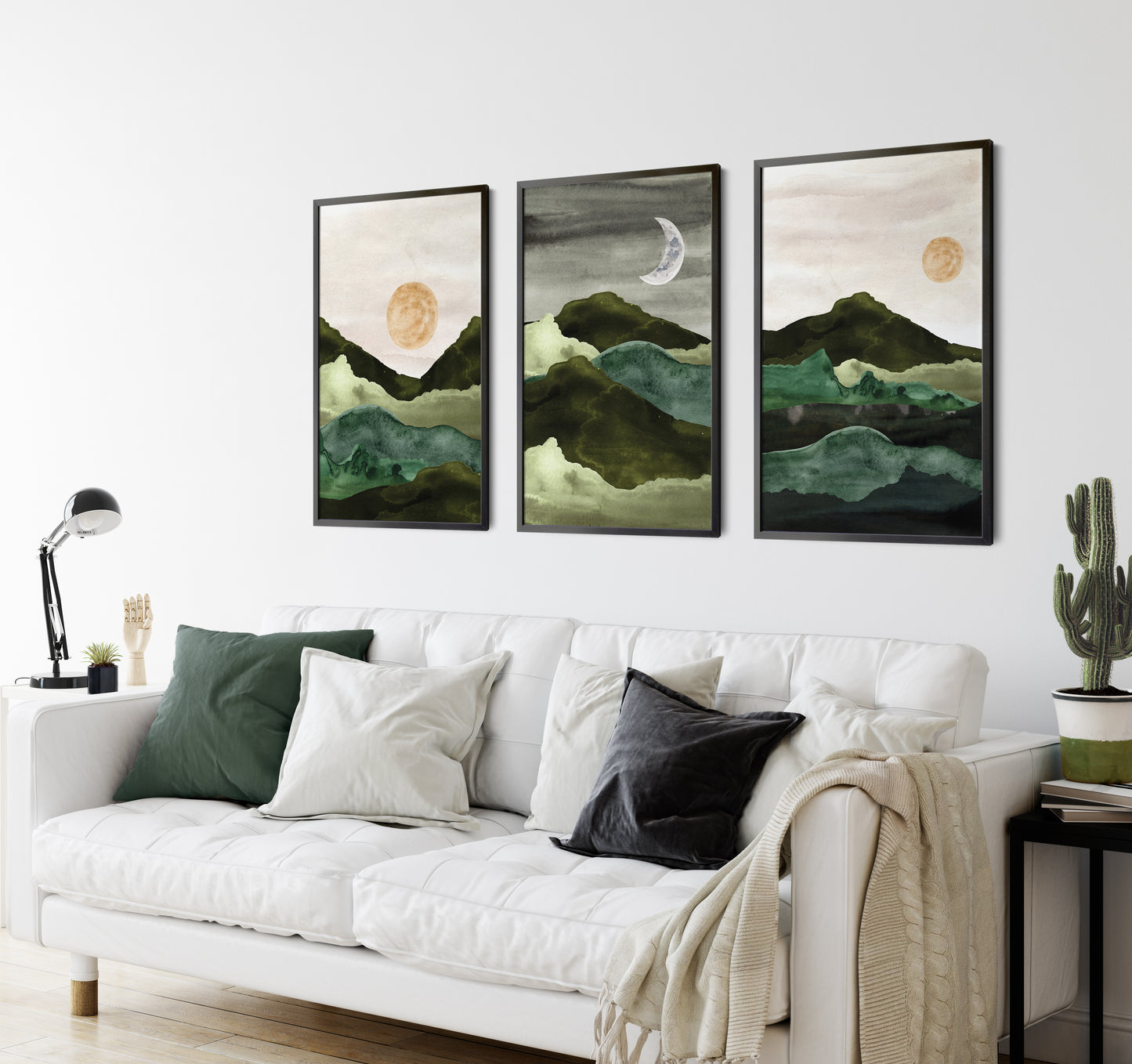 Set of 3 Green Watercolour Landscape Wall Art Prints