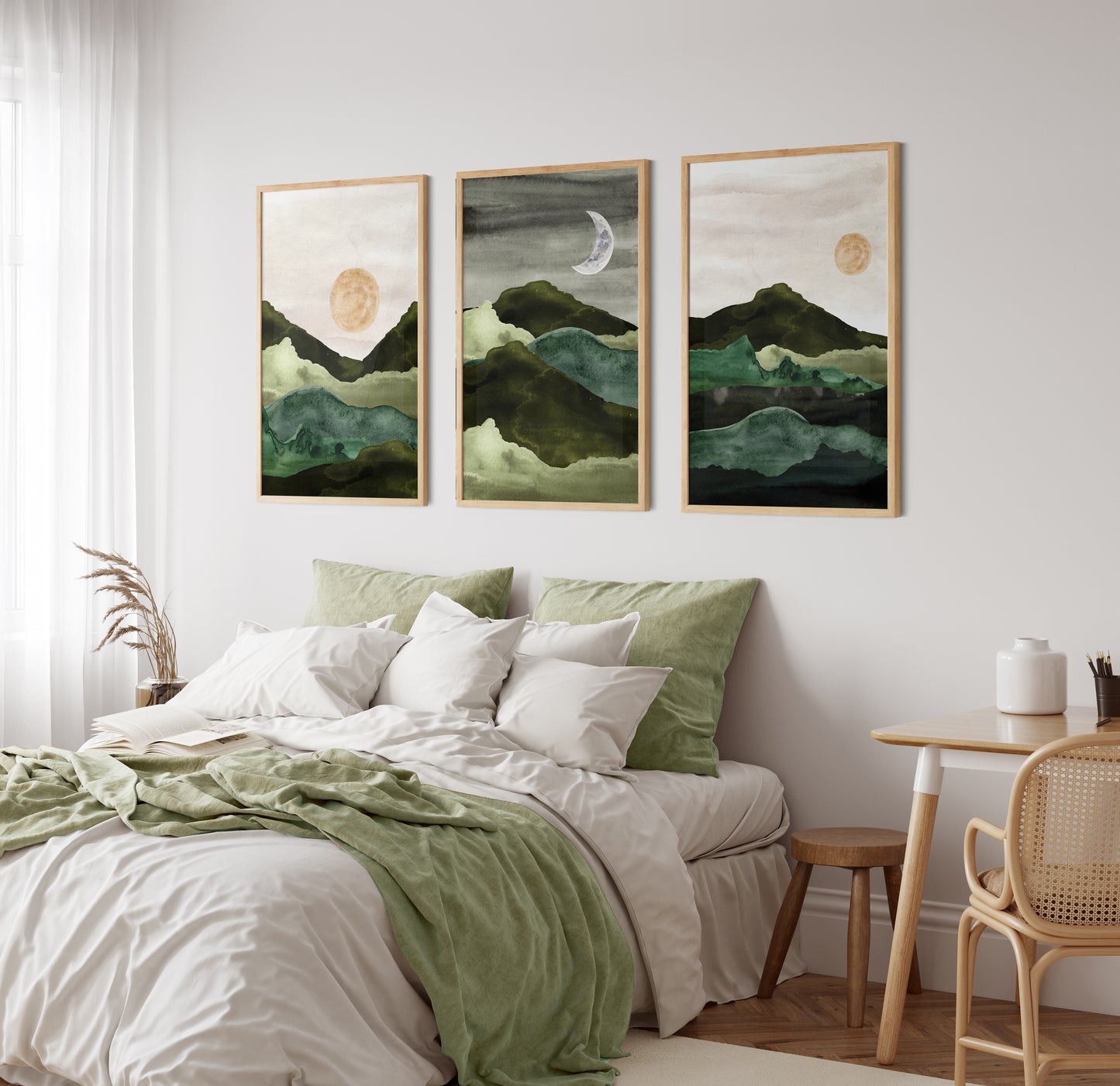 Set of 3 Green Watercolour Landscape Wall Art Prints