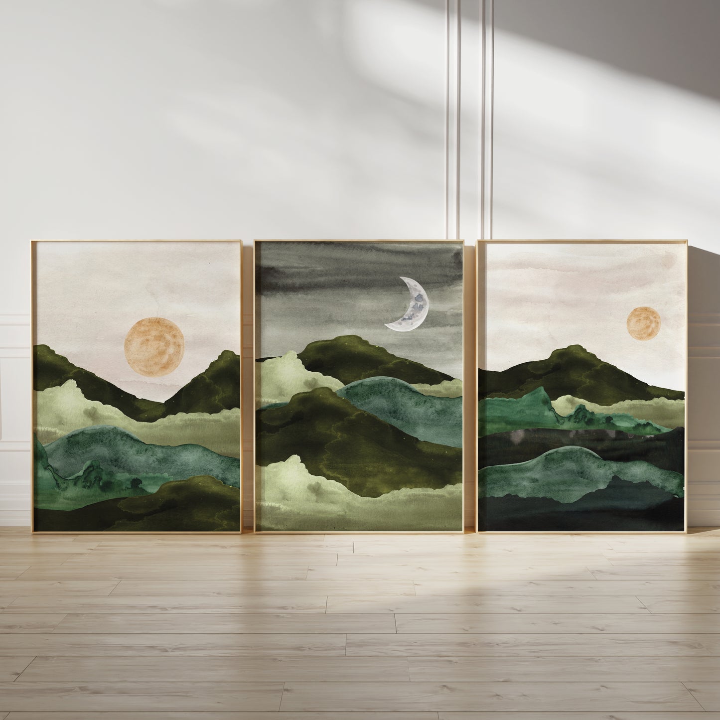 Set of 3 Green Watercolour Landscape Wall Art Prints