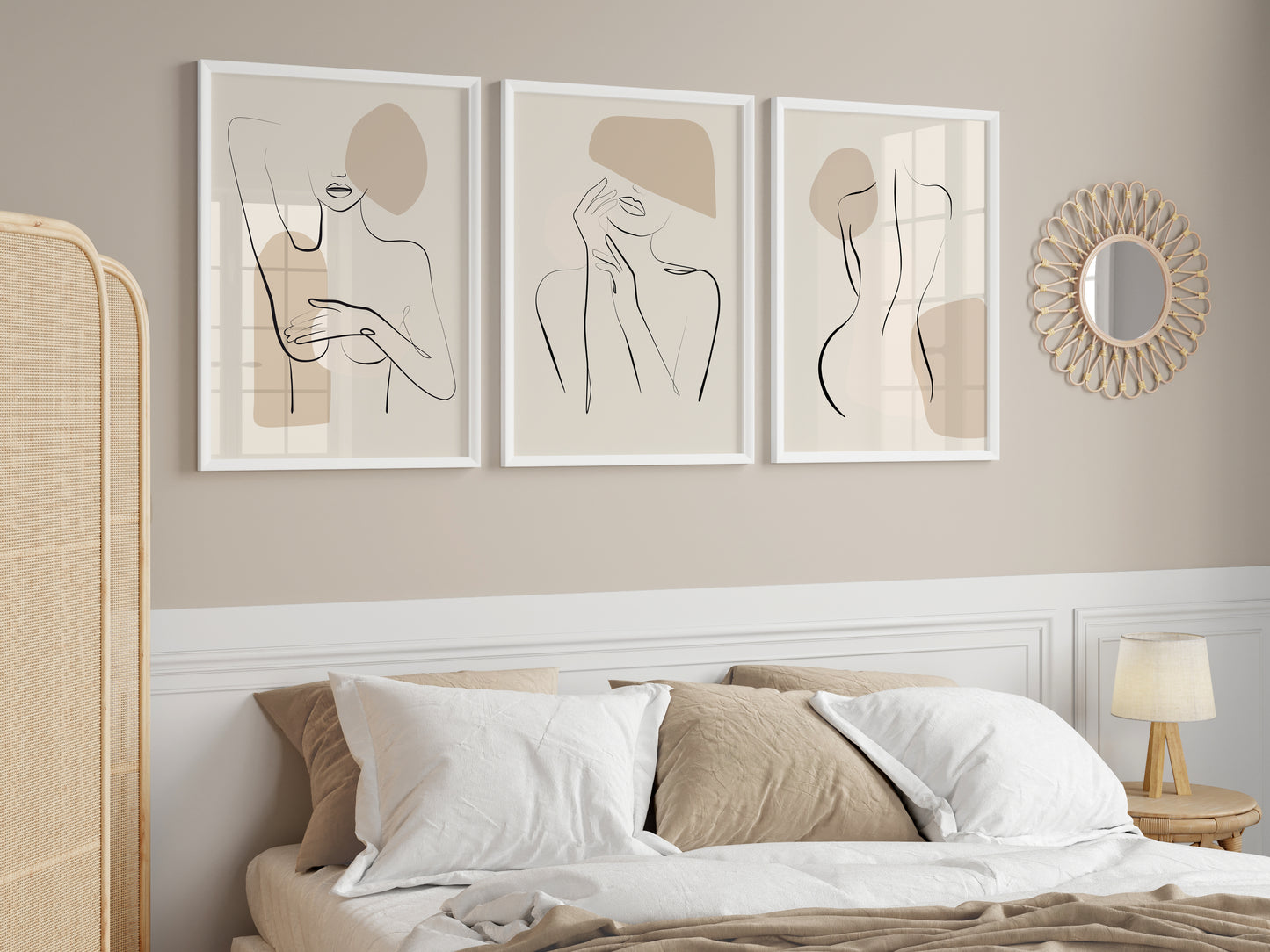 Set of 3 Beige Abstract Female Wall Art Prints