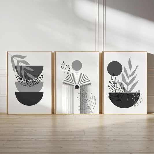 Set of 3 Grey & White Boho Wall Prints
