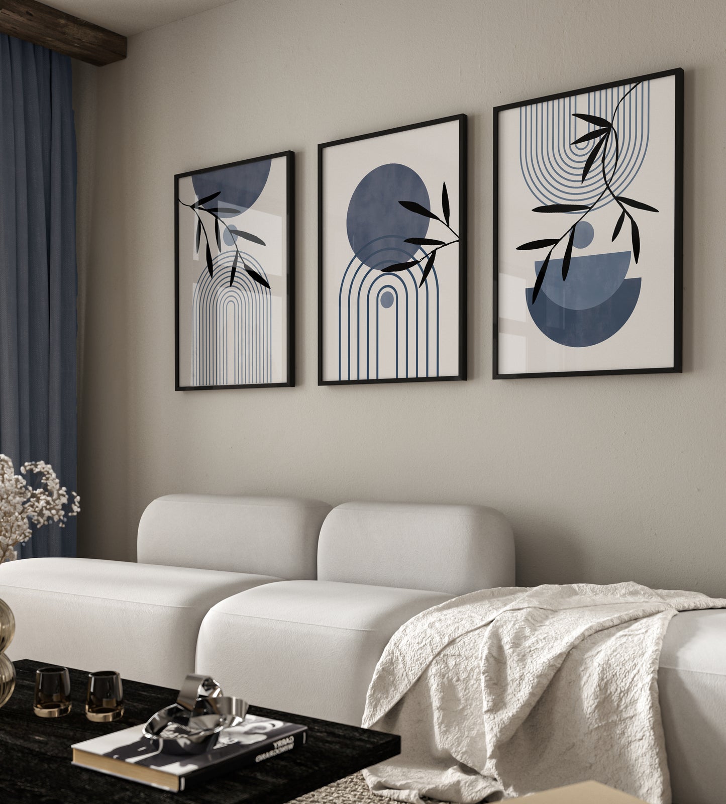 Set of 3 Blue & Beige Boho Wall Prints