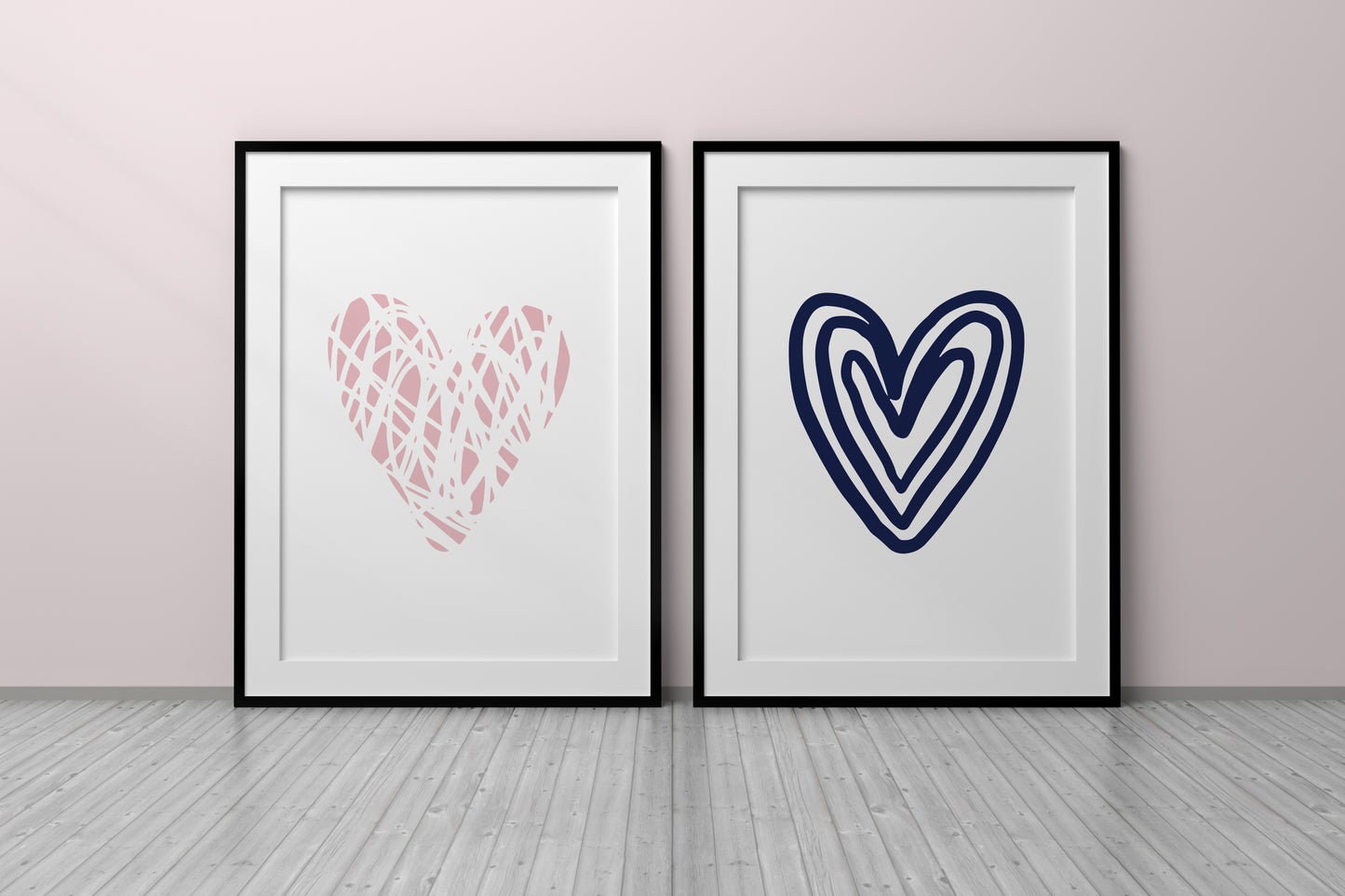 Set of 2 Pink & Navy Blue Love Heart Bedroom Wall Prints