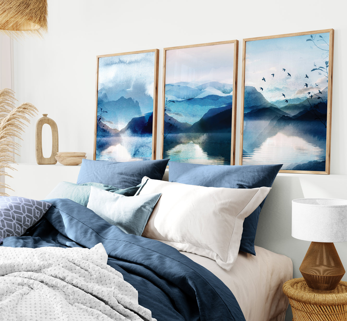 Set of 3 Vibrant Blue Watercolour Landscape Abstract Wall Art Prints