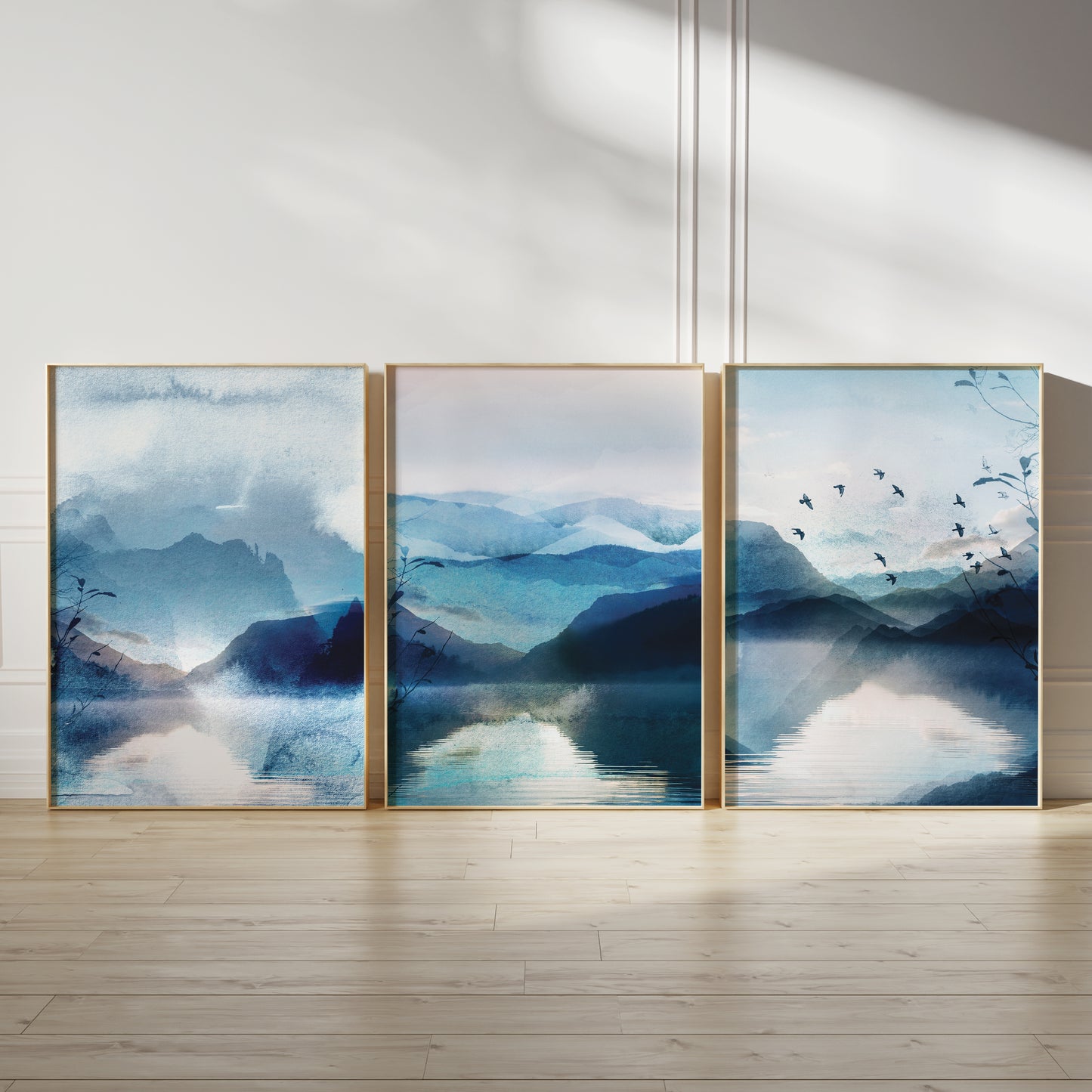 Set of 3 Vibrant Blue Watercolour Landscape Abstract Wall Art Prints