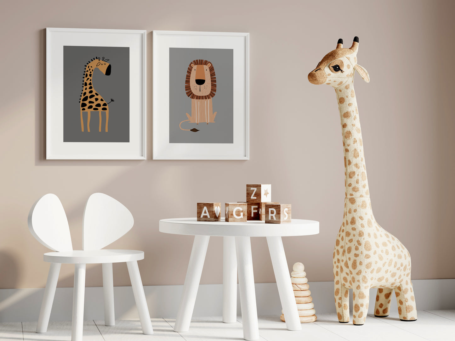 Set of 3 Grey Safari Animal Nursery Wall Art Prints