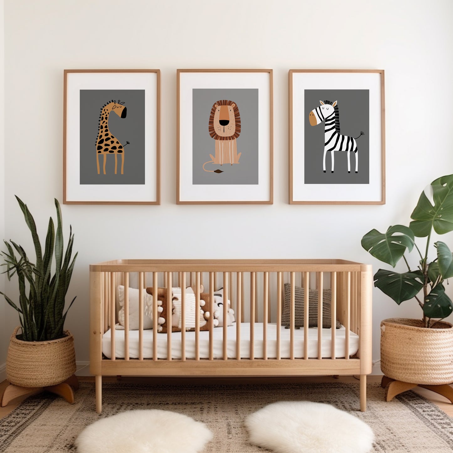 Set of 3 Grey Safari Animal Nursery Wall Art Prints