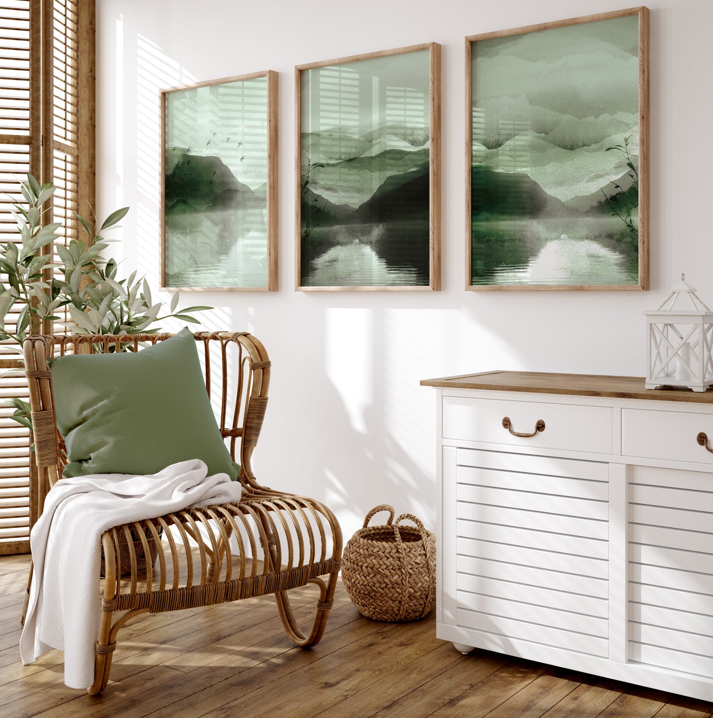 Set of 3 Green Watercolour Landscape Wall Art Prints