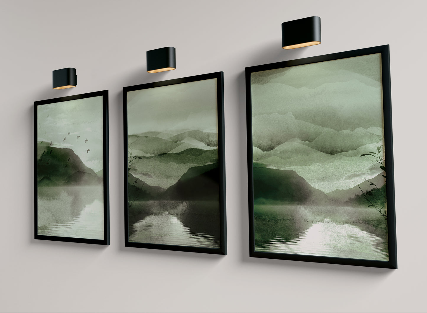 Set of 3 Green Watercolour Landscape Wall Art Prints