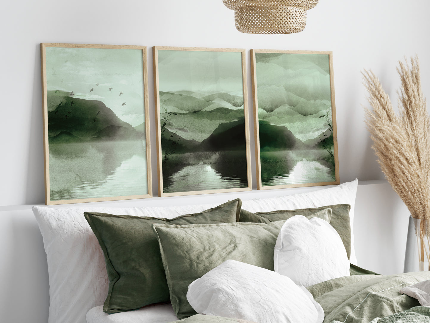 Set of 3 Green Watercolour Landscape Wall Art Prints