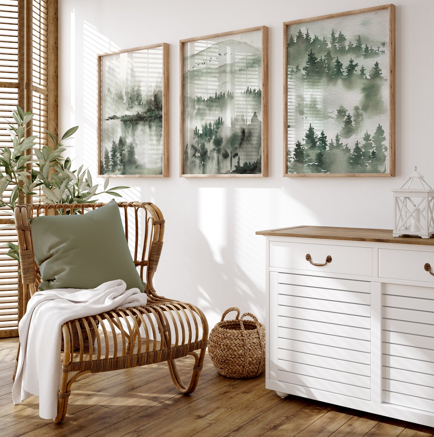 Set of 3 Green Watercolour Landscape Wall Art Prints