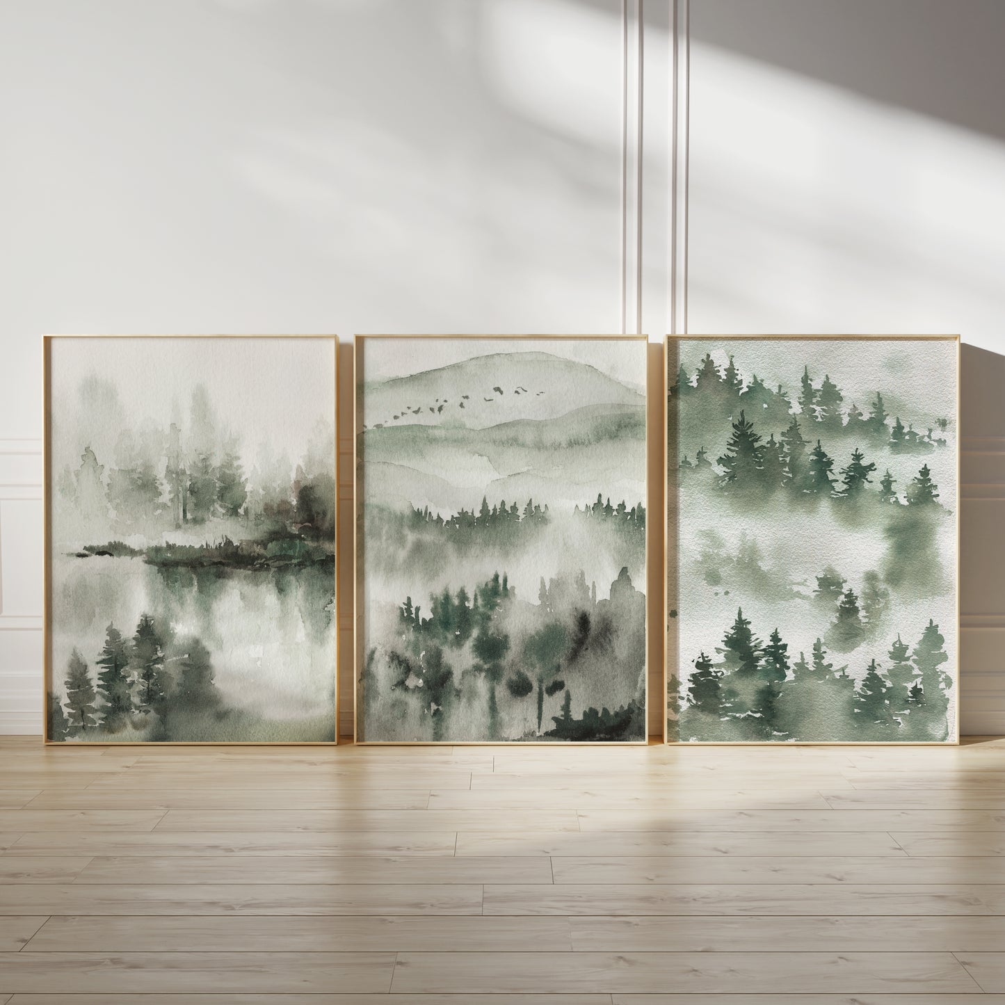 Set of 3 Green Watercolour Landscape Wall Art Prints