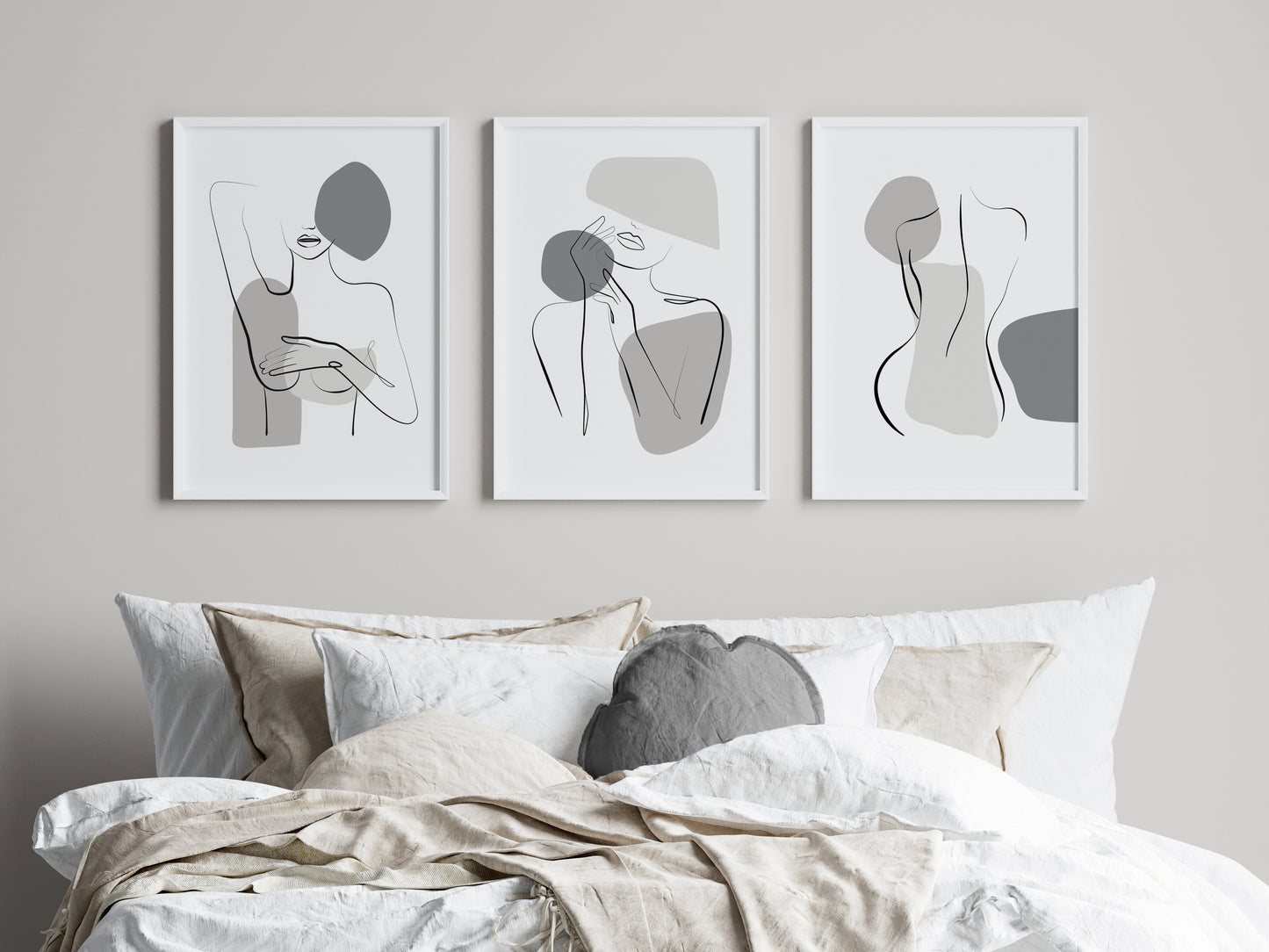 Set of 3 Grey & Beige Women Line Art Wall Prints