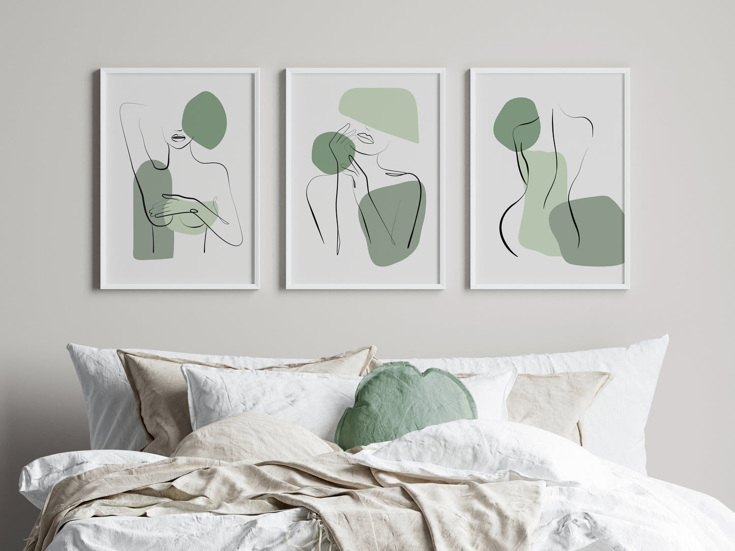 Set of 3 Green Line Art Women Wall Prints