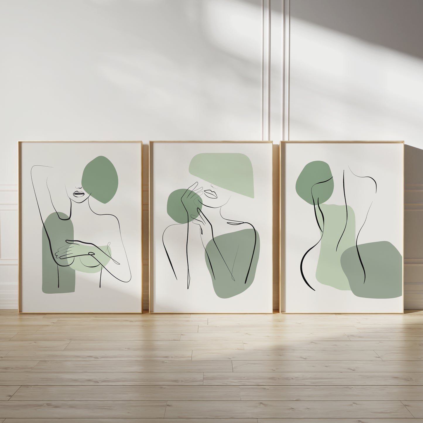 Set of 3 Green Line Art Women Wall Prints