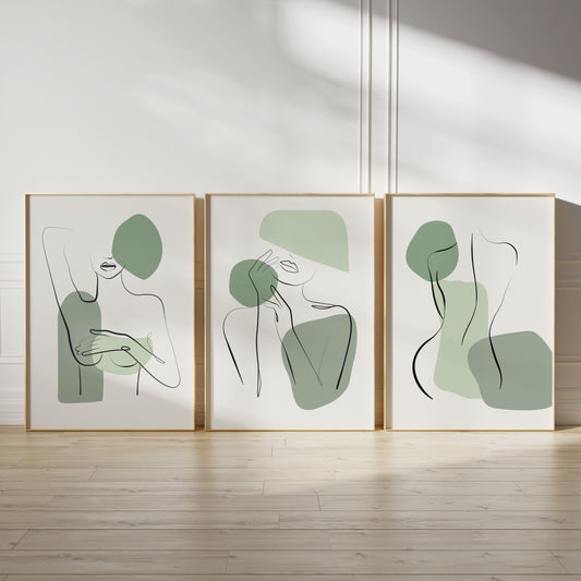 Set of 3 Green Line Art Women Wall Prints