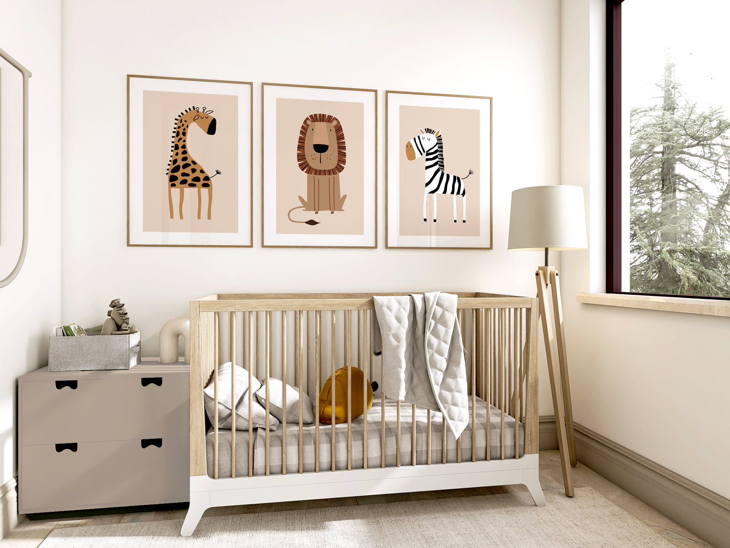 Set of 3 Beige Safari Animal Nursery Wall Art Prints