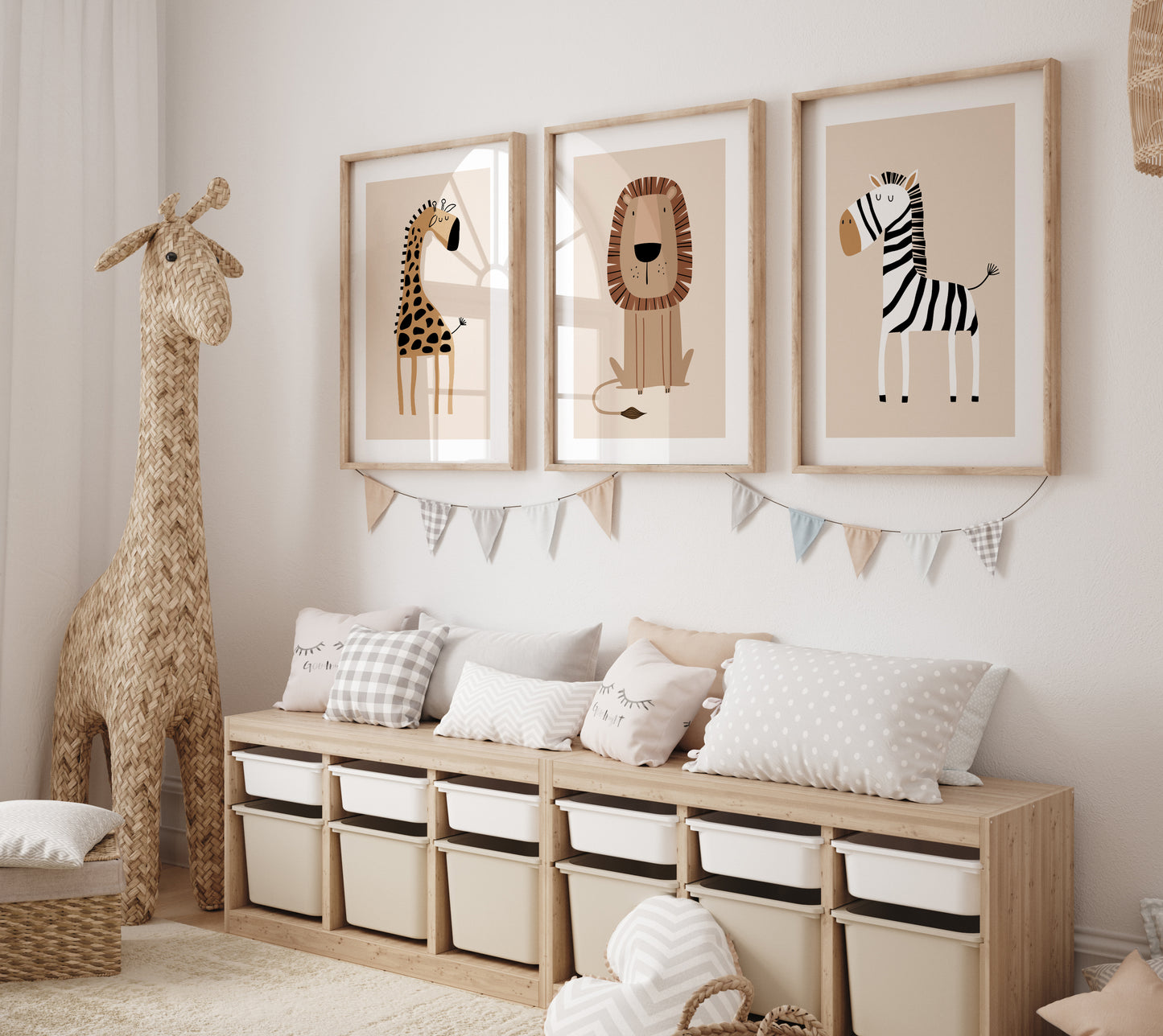 Set of 3 Beige Safari Animal Nursery Wall Art Prints
