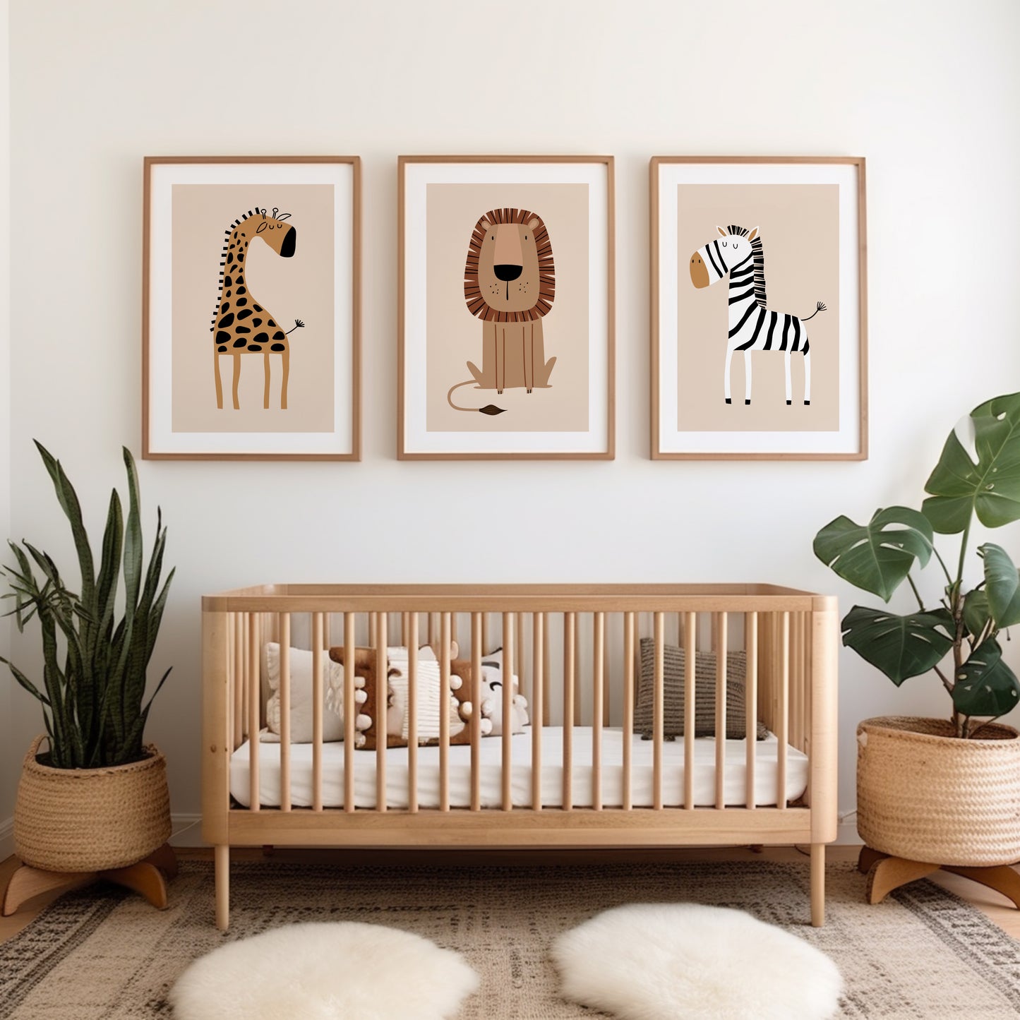 Set of 3 Beige Safari Animal Nursery Wall Art Prints