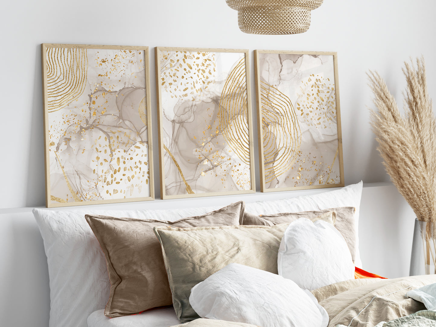 Set of 3 Beige & Gold Marble Wall Prints