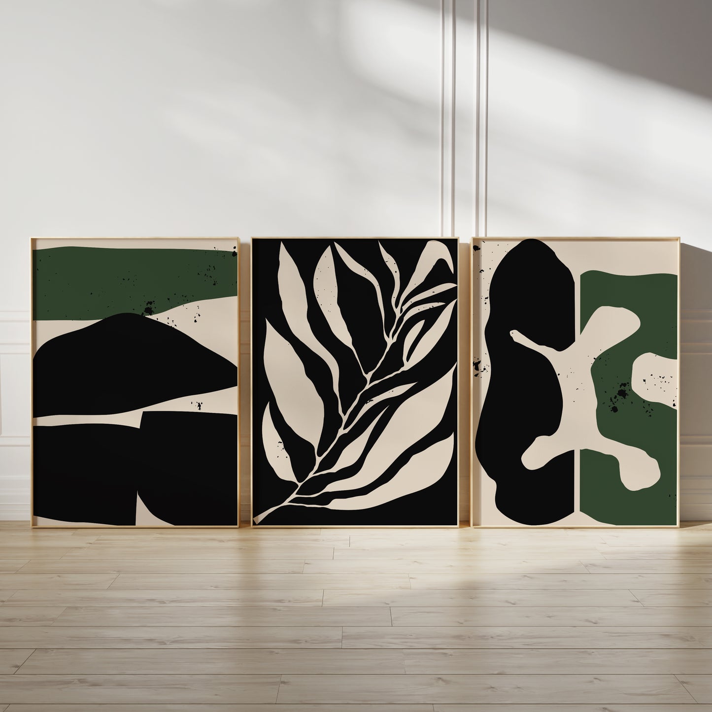 Set of 3 Dark Green & Black Abstract Art Prints