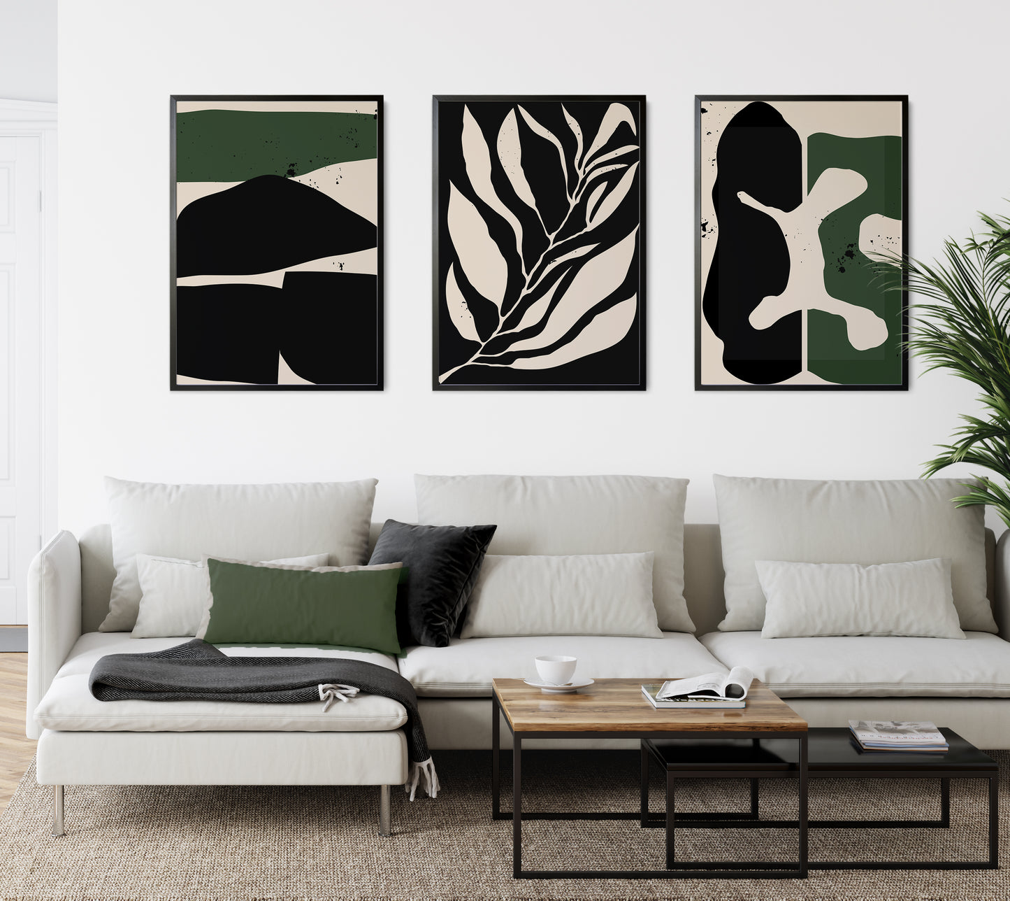 Set of 3 Dark Green & Black Abstract Art Prints