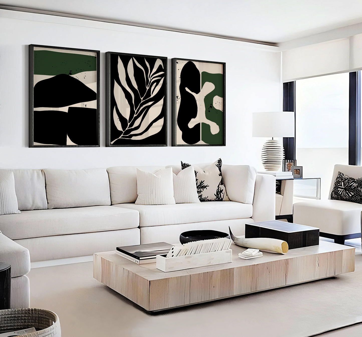 Set of 3 Dark Green & Black Abstract Art Prints