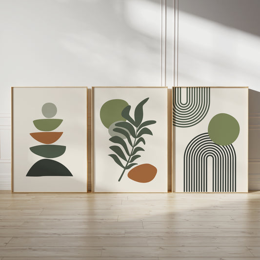 Set of 3 Green Boho Abstract Wall Art Prints