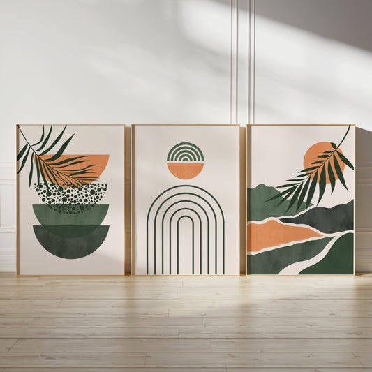 Set of 3 Green & Orange Boho Wall Art Prints
