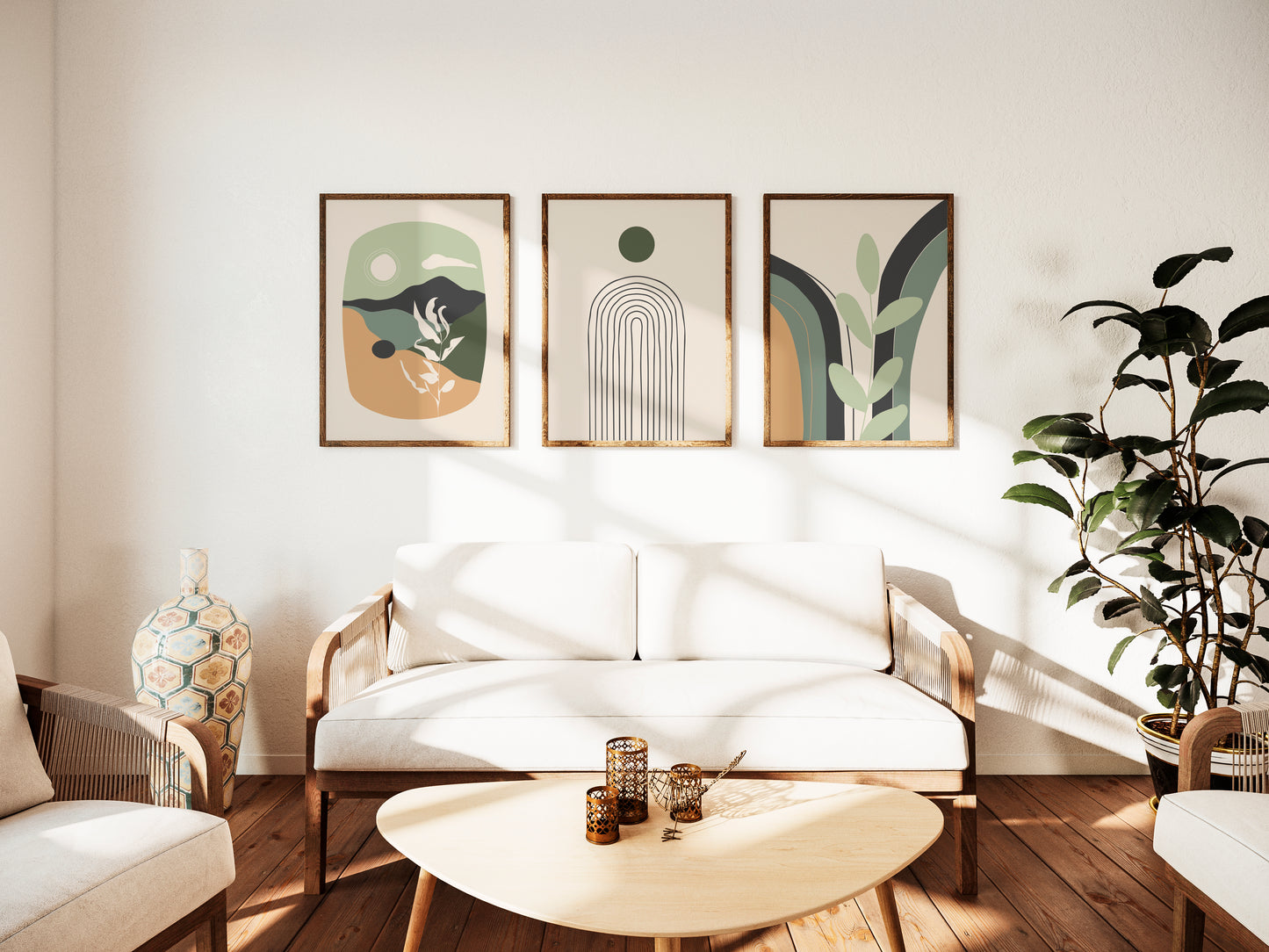 Set of 3 Green & Orange Boho Wall Art Prints