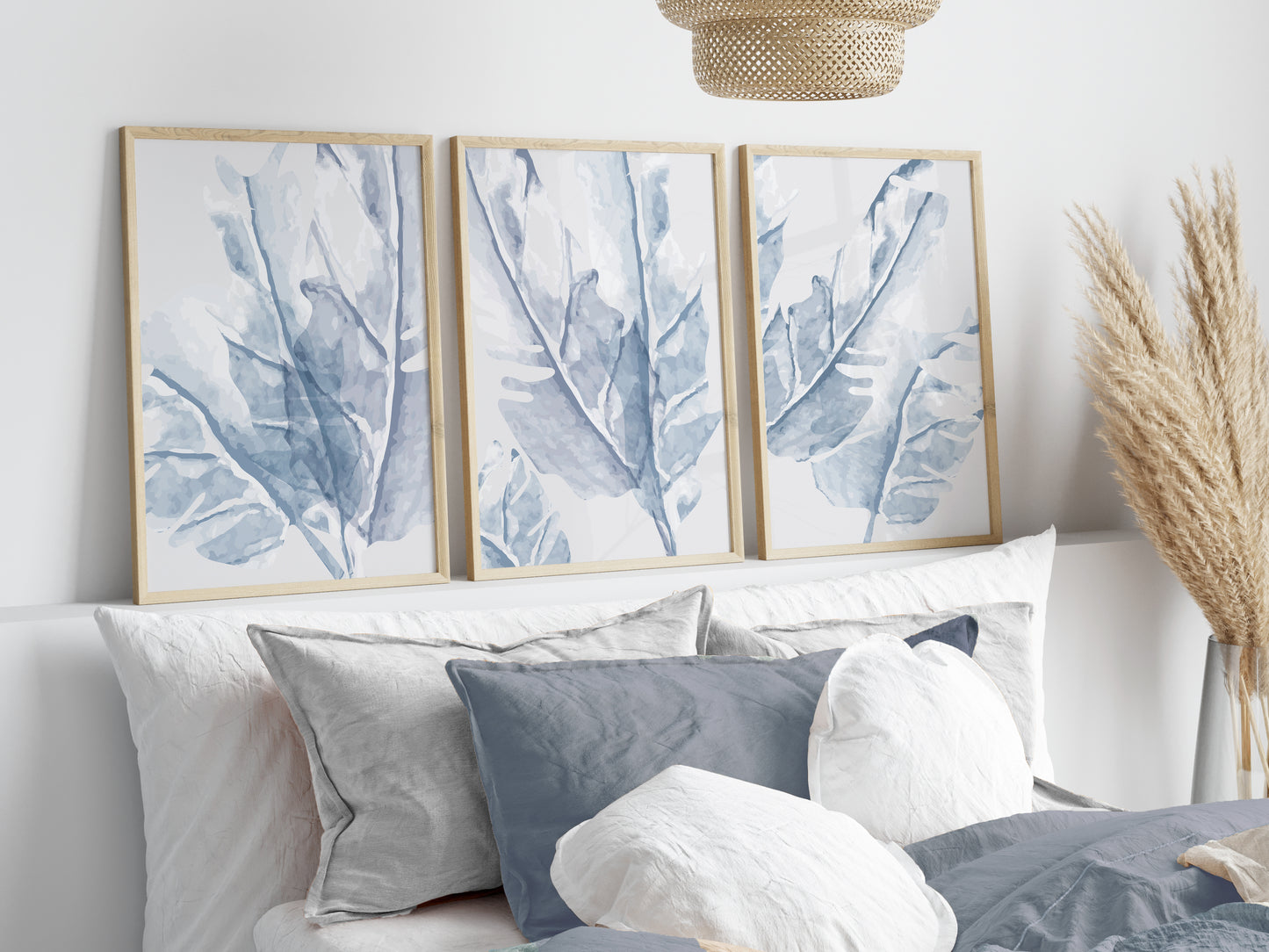 Set of 3 Light Blue Leaf Abstract Wall Art Prints
