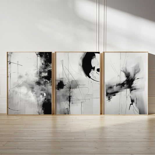 Set of 3 Grey & Black Abstract Wall Art Prints