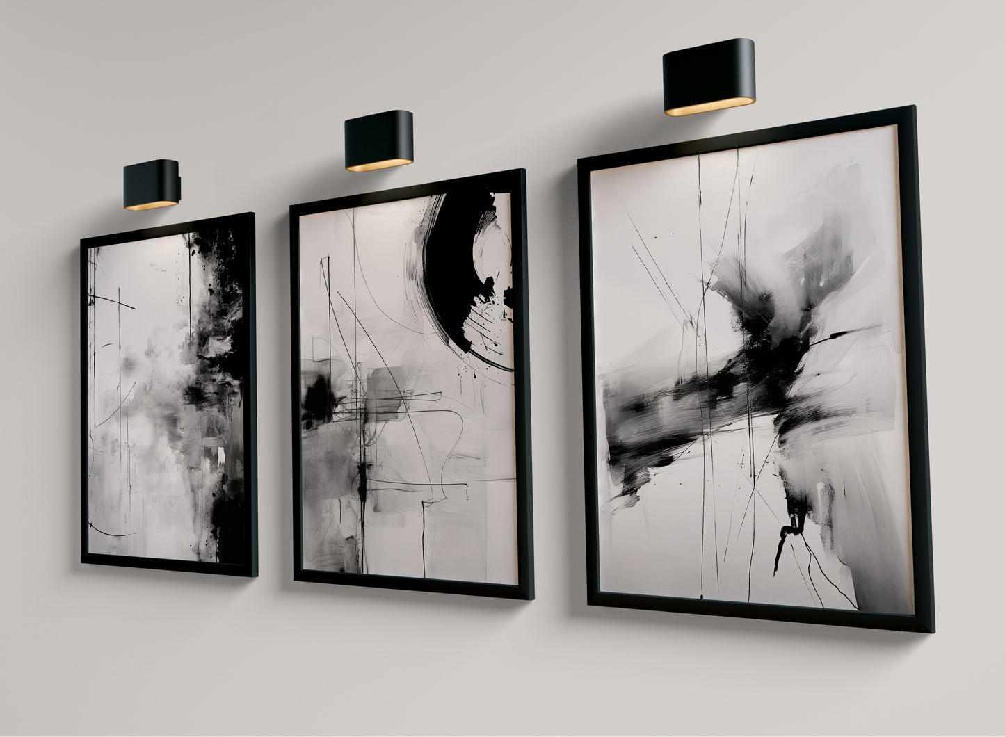 Set of 3 Grey & Black Abstract Wall Art Prints