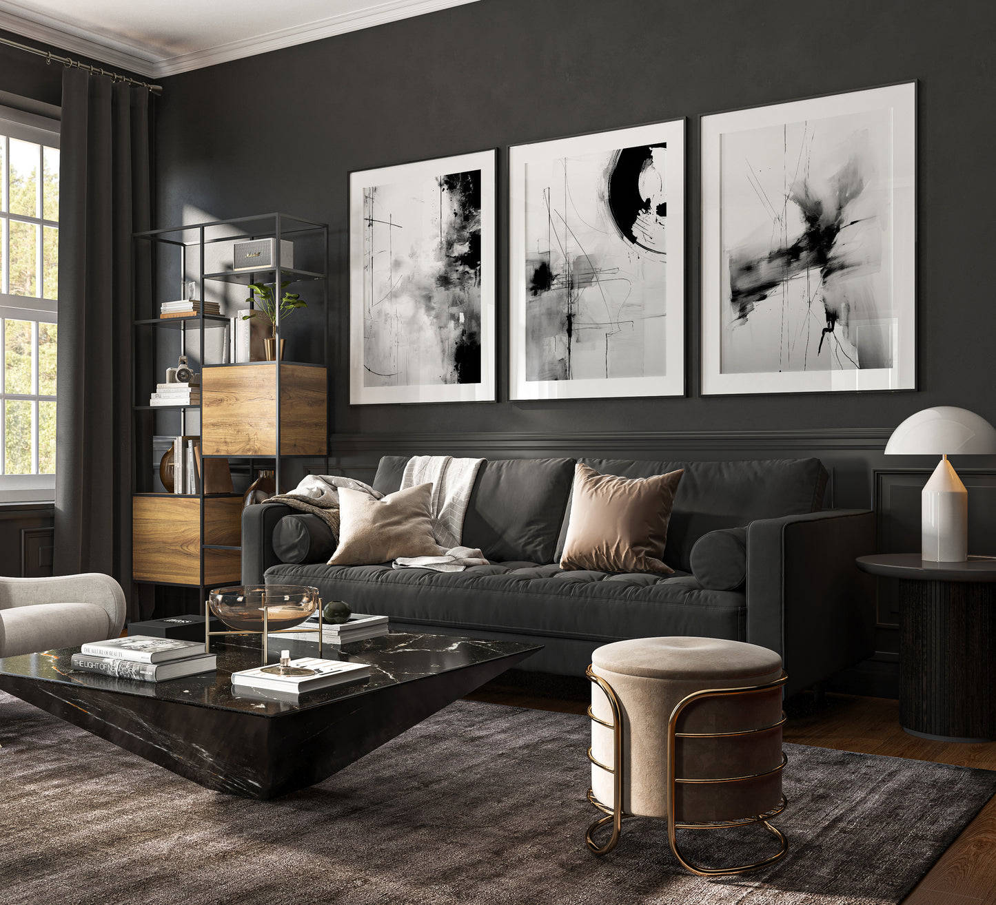 Set of 3 Grey & Black Abstract Wall Art Prints
