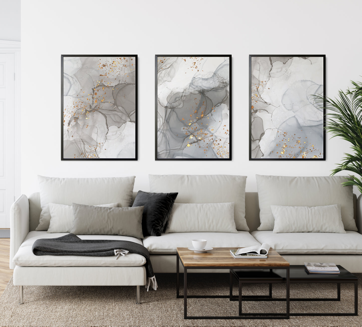 Set of 3 Grey & Beige Marble Bedroom Wall Prints