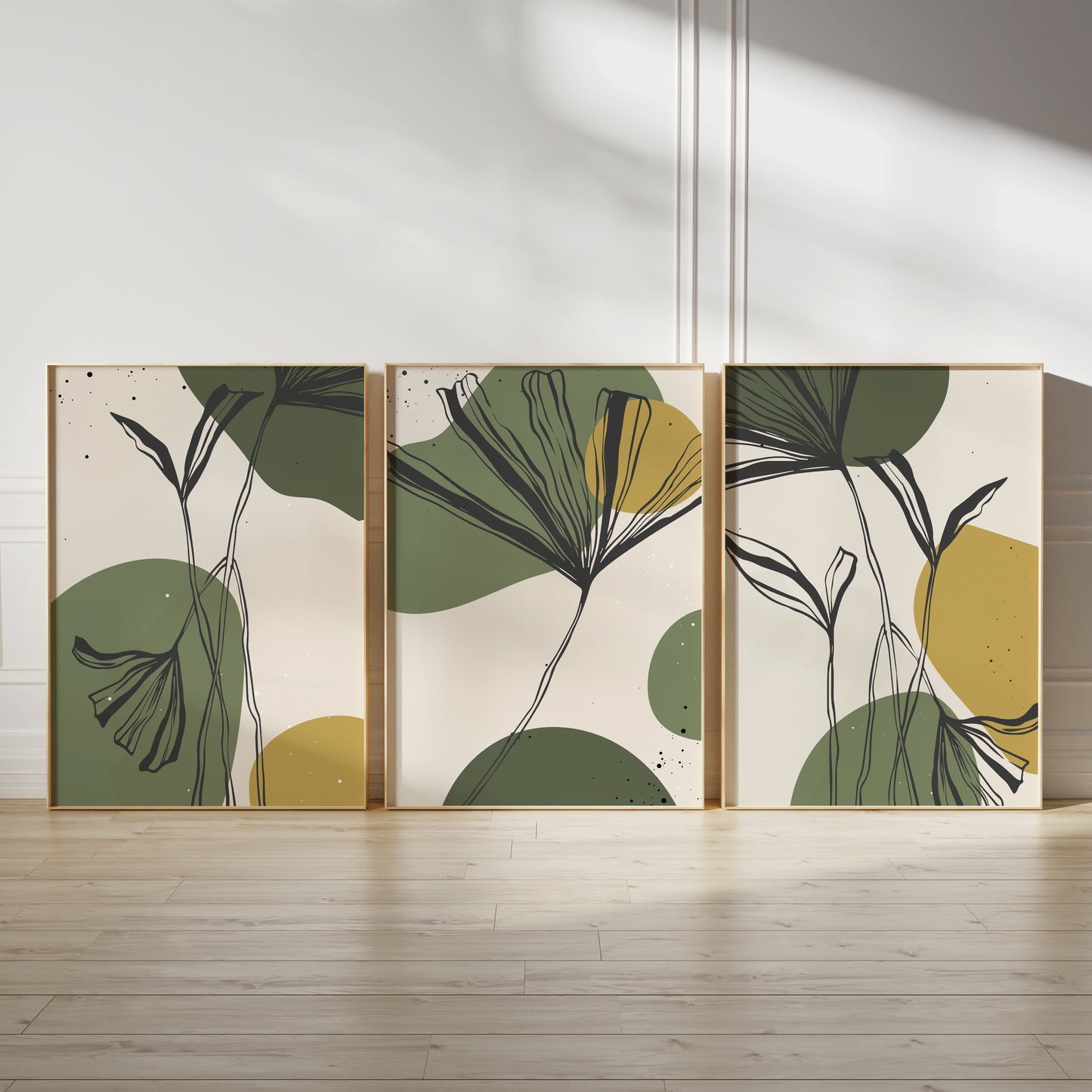 Set of 3 Green & Mustard Botanical Wall Art Prints