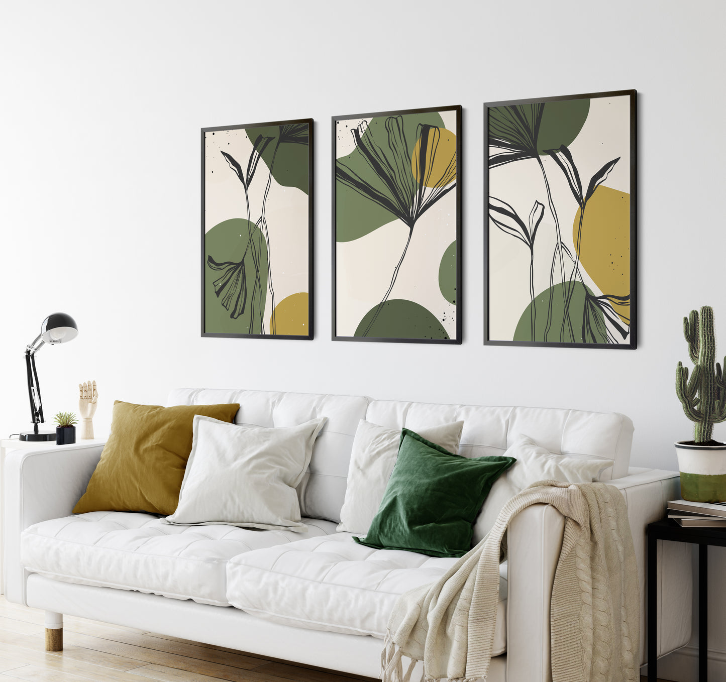 Set of 3 Green & Mustard Botanical Wall Art Prints