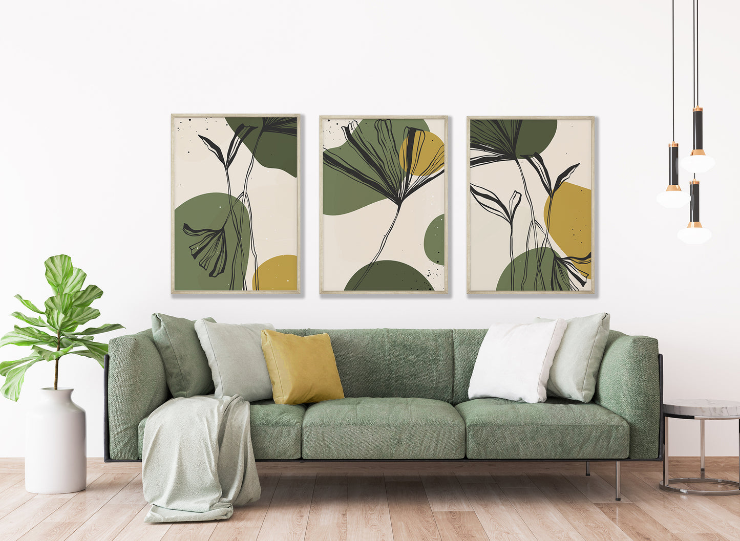 Set of 3 Green & Mustard Botanical Wall Art Prints