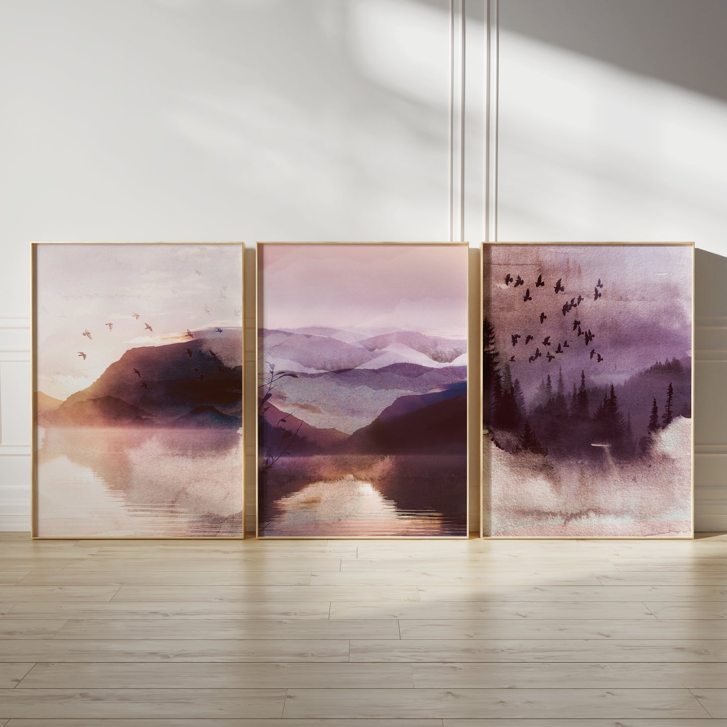 Set of 3 Pink & Purple Landscape Wall Art Prints