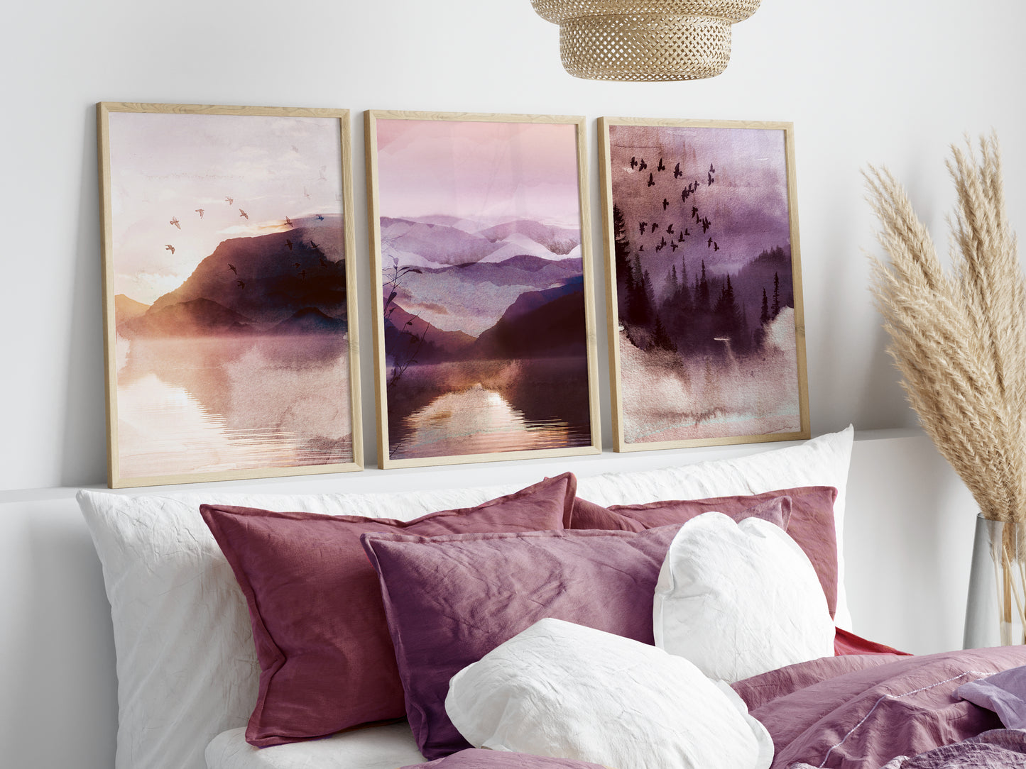 Set of 3 Pink & Purple Landscape Wall Art Prints