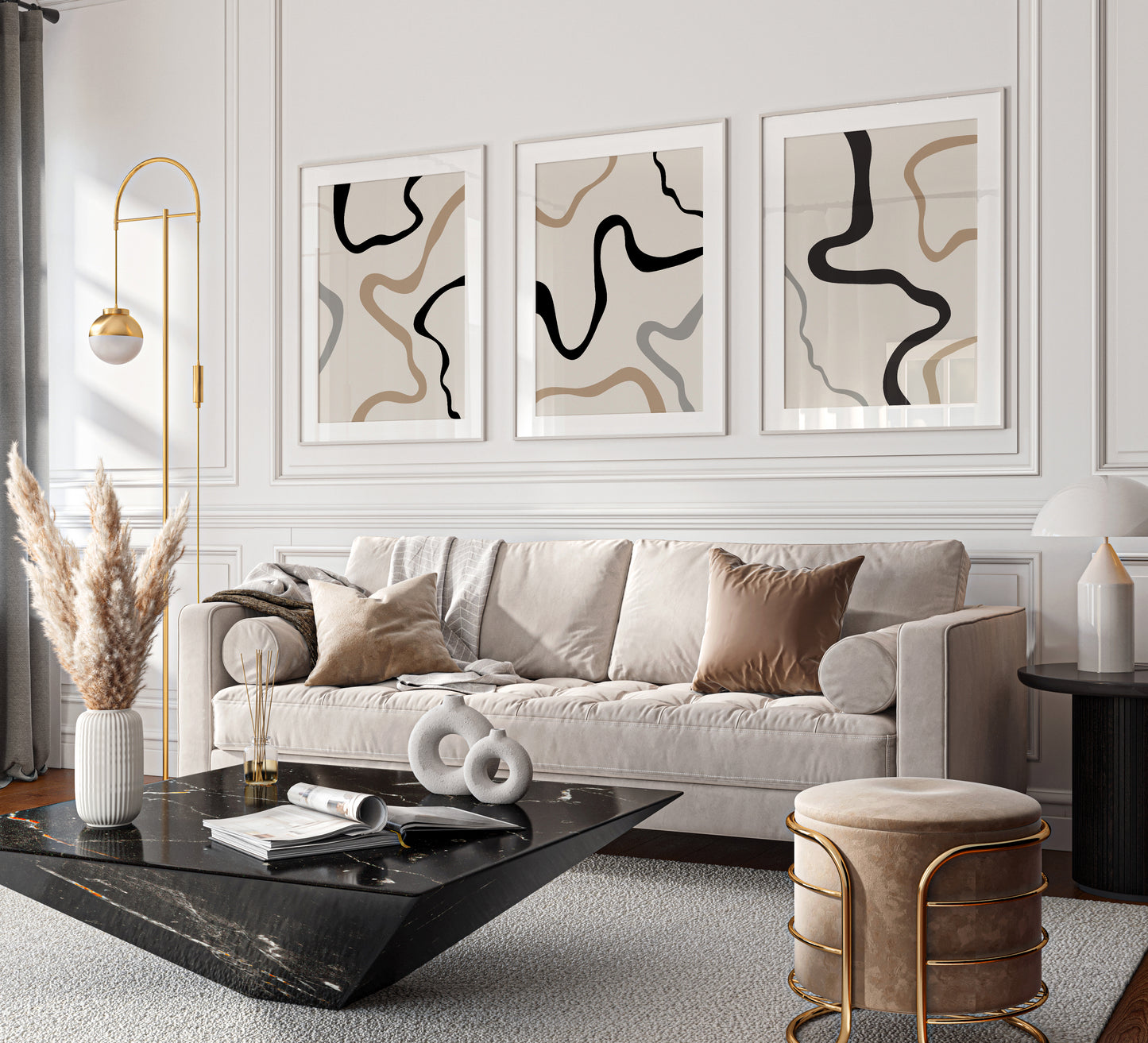 Set of 3 Black & Beige Abstract Wall Prints