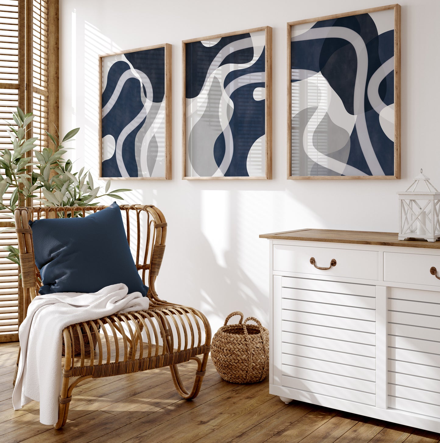 Set of 3 Navy blue abstract Home Wall Art Prints