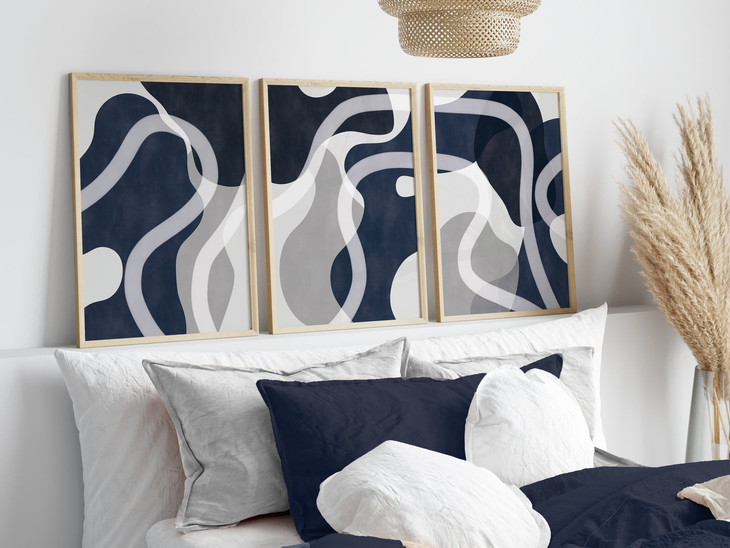 Set of 3 Navy blue abstract Home Wall Art Prints