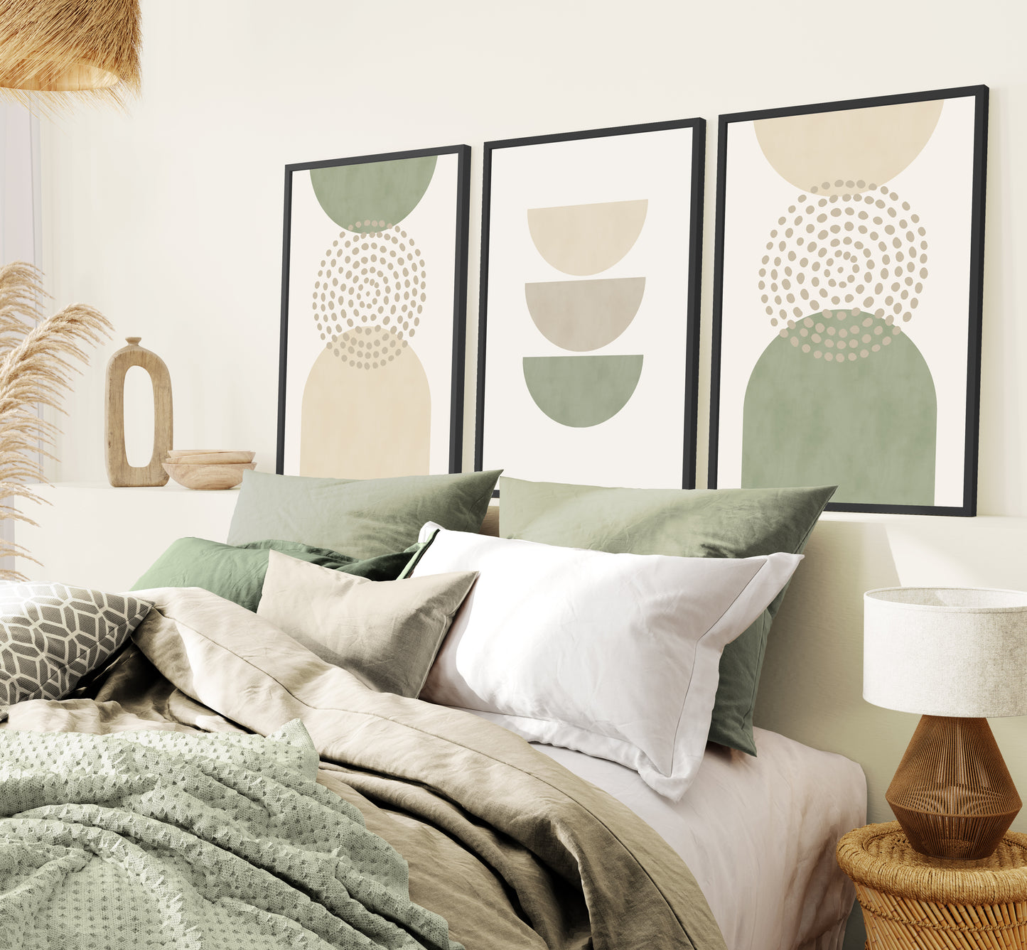 Set of 3 Sage Green & Beige Boho Wall Art Prints