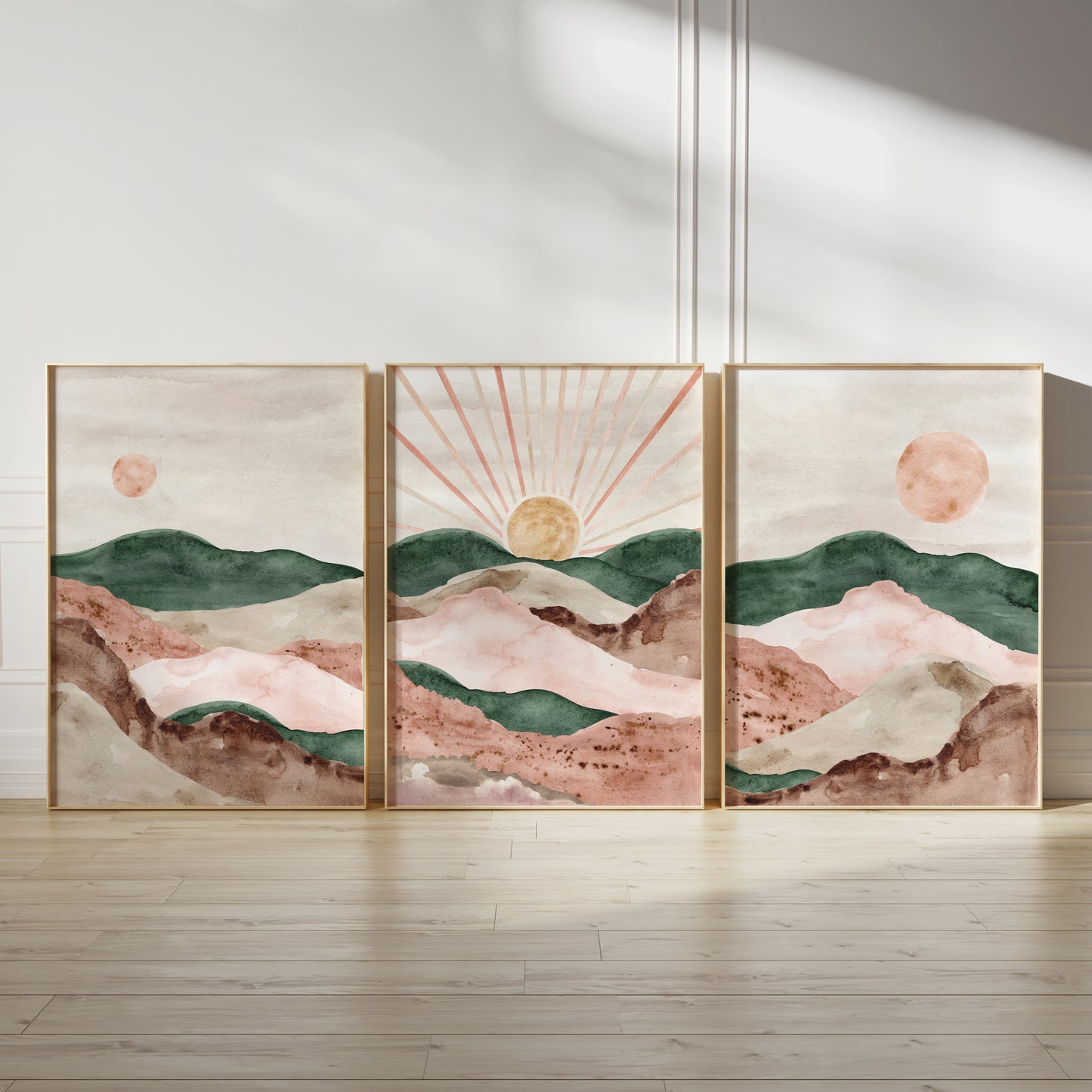 Pink and Green Watercolour Landscape Wall Prints